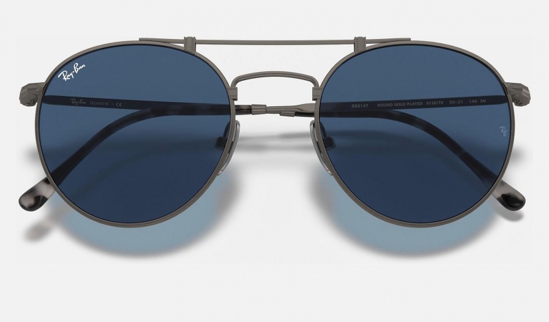 Ray Ban Round Double Bridge Titanium Men's Sunglasses Blue | 48291-UQAN