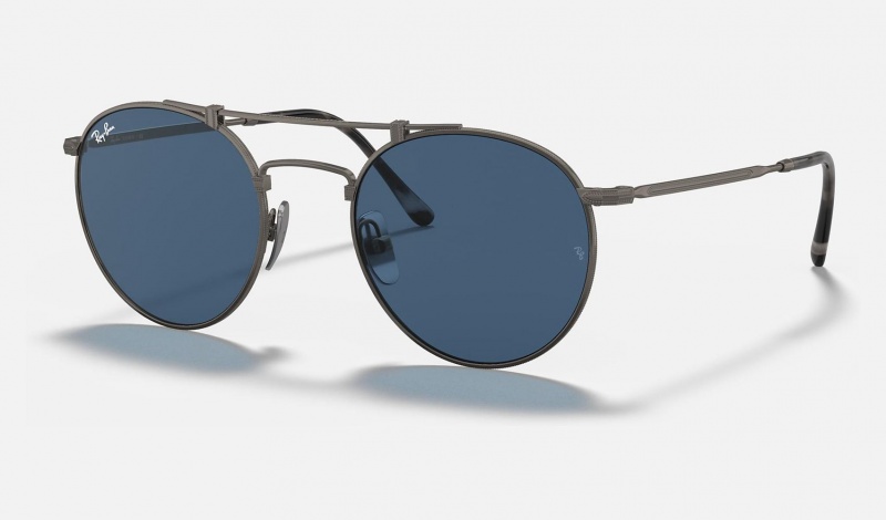 Ray Ban Round Double Bridge Titanium Men\'s Sunglasses Blue | 48291-UQAN